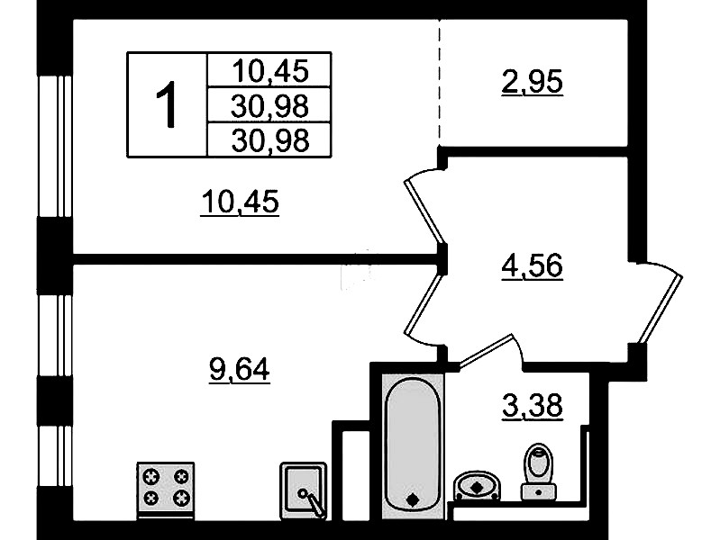 1-комнатная квартира 30.98 м², 3/12 эт., ЖК «Новые Лаврики»